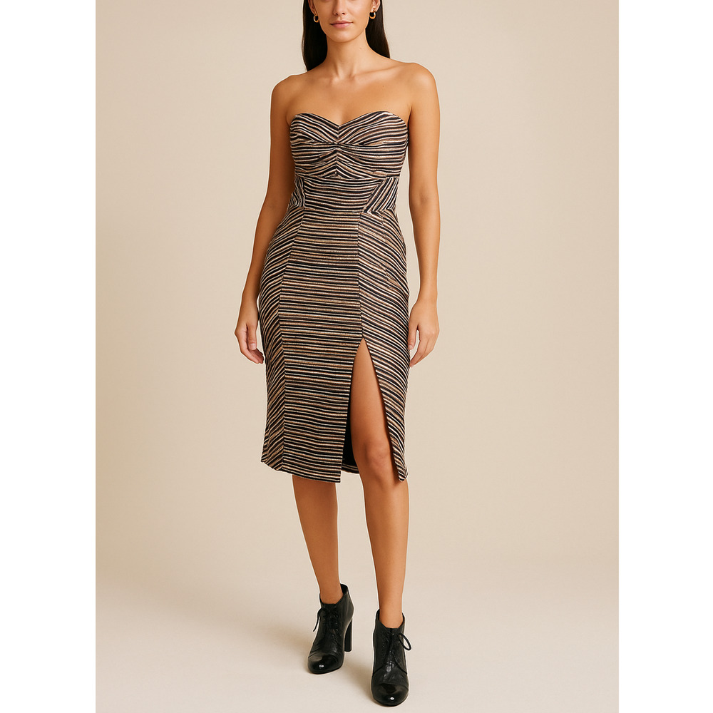 Anthropologie x Hutch 6 Metallic $278 Striped Strapless Midi Dress Bodycon Gold